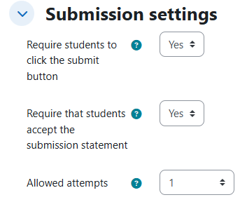 A screenshot of the assignment activity submission settings